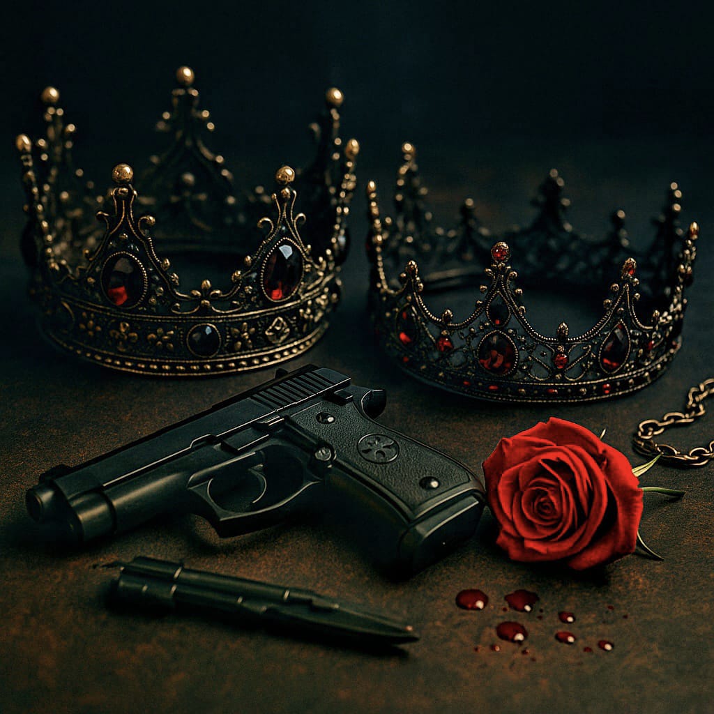 Coroană, trandafir și pistol
